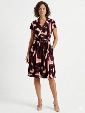 Shelby & Palmer Burgundy, Pink, Black Abstract Wrap Dress With Gold Belt